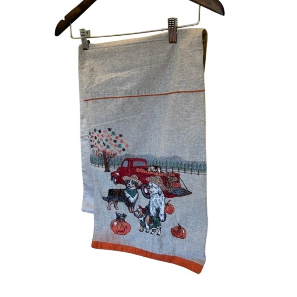 Pier 1 Imports Harvest Dog Red Truck Embroidered Table Runner 13x72 Fall Decor